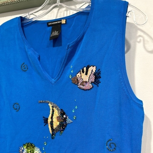 Vintage sweaterworks 90s rib knit sequin fish under the sea blue tank top large - Picture 5 of 6